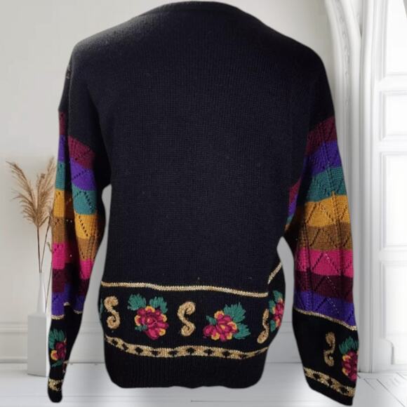 Vintage 80s Carole Little Embellished Wool Sweater M Black Rainbow Art to Wear - Picture 4 of 13
